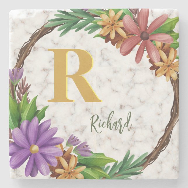 Floral Wreath Initial Letter Monogram Name Marble Stone Coaster (Front)