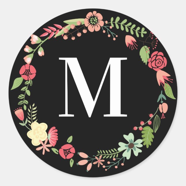 Floral Wreath Initial Personalize Classic Round Sticker (Front)