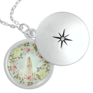 Floral Wreath Lady of Fatima Yellow Pink Roses Locket Necklace