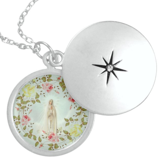Floral Wreath Lady of Fatima Yellow Pink Roses Locket Necklace (Front)