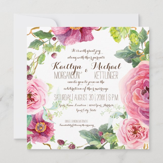 Floral Wreath Leaf Branch Berries Roses Peonies Invitation (Front)