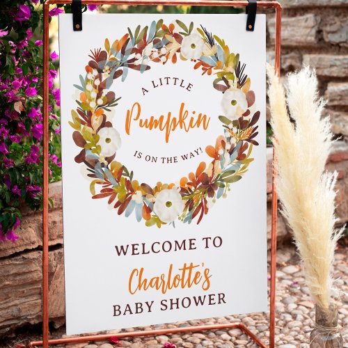 Floral wreath little pumpkin welcome baby shower poster