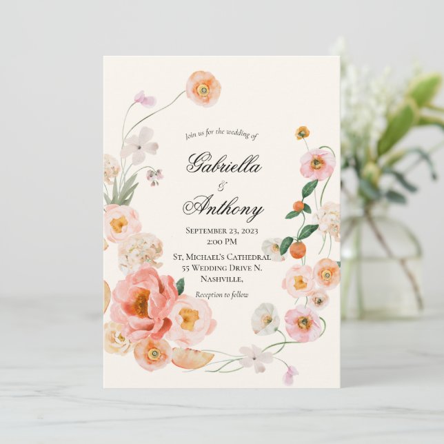 Floral Wreath Modern Script Wedding Invitations (Standing Front)