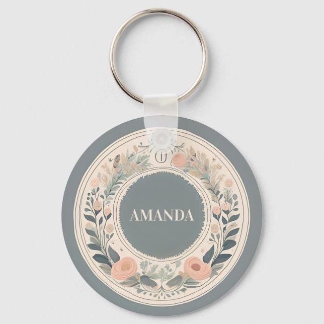 Floral Wreath Monogram Art Keychain (Front)