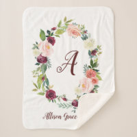 Floral Wreath Monogram Baby Sherpa Blanket