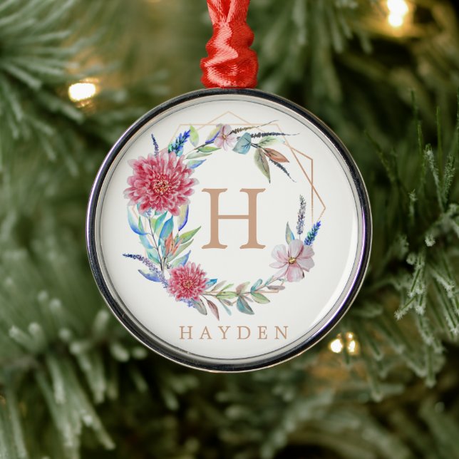 Floral wreath Monogram custom name Metal Ornament (Tree)