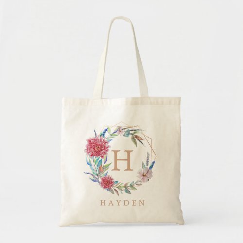 Floral wreath Monogram custom name Tote Bag