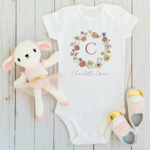 Floral Wreath Monogram Cute Baby Girl Watercolor  Baby Bodysuit