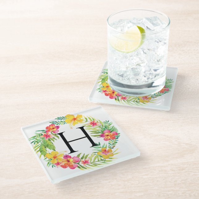 Floral Wreath Monogram Glass Coaster (Angled)