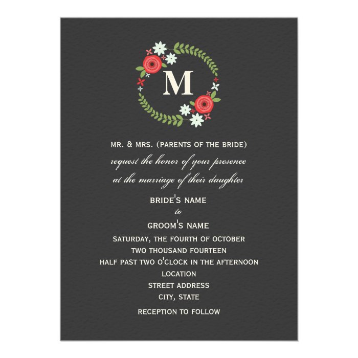 Floral Wreath Monogram Gray Wedding Announcement