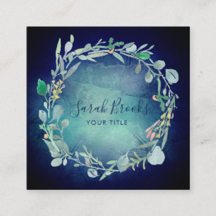 Floral Wreath Monogram On Midnight Blue Square Business Card
