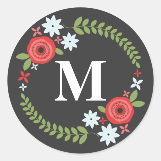 Floral Wreath Monogram Sticker - Gray (Front)