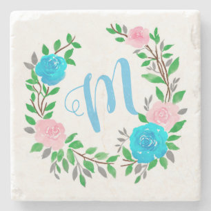 Floral Wreath Monogram Stone Coaster