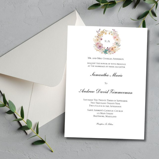 Floral Wreath Monogram Traditional Formal Wedding  Invitation (Pastel Floral Wreath Monogram Wedding Invitation. Traditional Formal elegant minimalist. Printed )