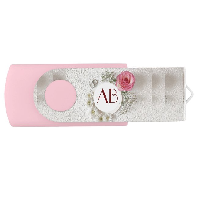 Floral Wreath Monogram USB Swivel Flash Drive (A pink USB drive with a decorative design is displayed on a white background.)