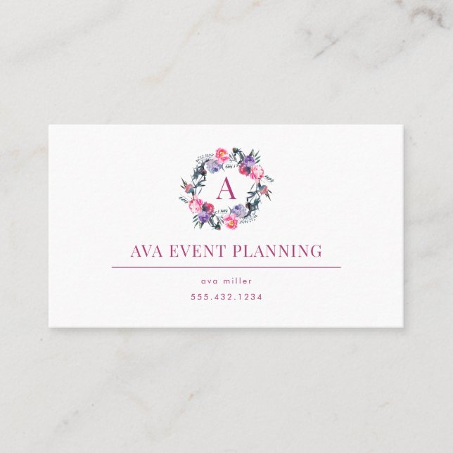 Floral Wreath Monogram Watercolor Business Card (Front)