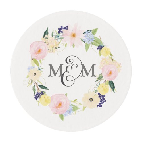 Floral Wreath Monogram Wedding Edible Cake Toppers Edible Frosting Rounds