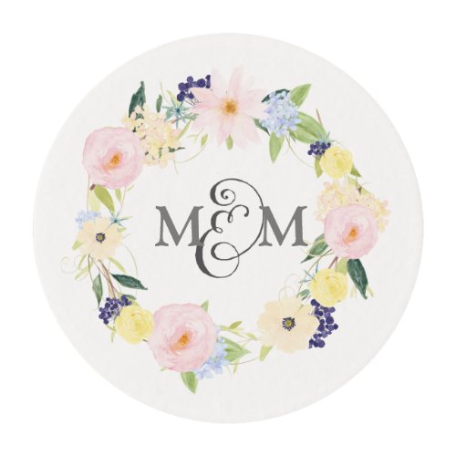 Floral Wreath Monogram Wedding Edible Cake Toppers Edible Frosting Rounds