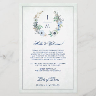 Floral Wreath Monogram Wedding Welcome Itinerary