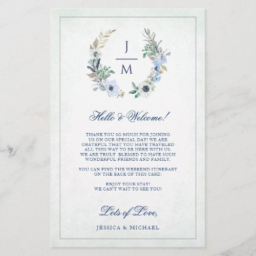 Floral Wreath Monogram Wedding Welcome Itinerary