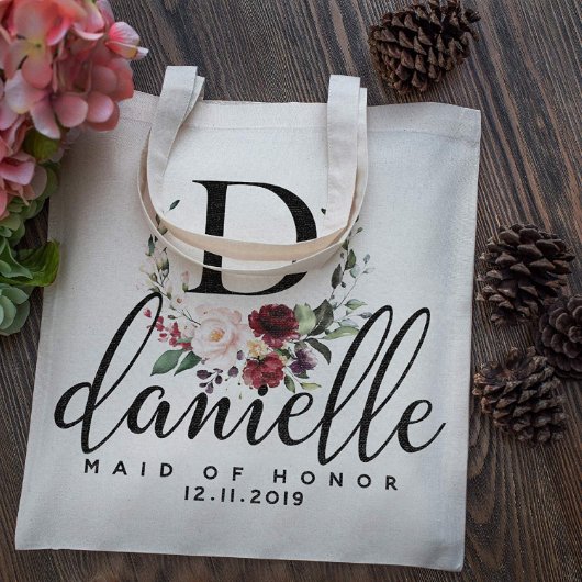 Floral Wreath Monogrammed Canvas Tote Bag (Front)