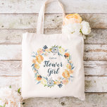 Floral Wreath Monogrammed Flower Girl Tote Bag<br><div class="desc">Custom wedding bridal party tote bags personalized with your flower girl's name or other custom text. This elegant feminine design has a watercolor floral wreath with dusty blue gray and peachy yellow flowers. Use the design tools to personalize each monogram, choose any background color, edit text fonts and colors and...</div>