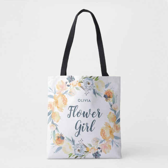 Floral Wreath Monogrammed Flower Girl Tote Bag (Front)
