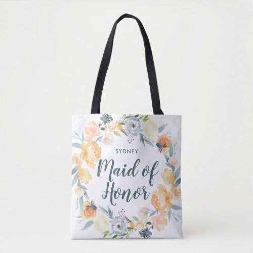 Floral Wreath Monogrammed Maid of Honor Tote Bag