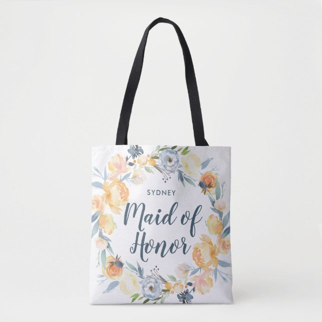 Floral Wreath Monogrammed Maid of Honor Tote Bag (Front)