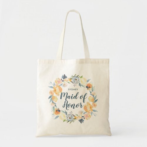 Floral Wreath Monogrammed Maid of Honor Tote Bag