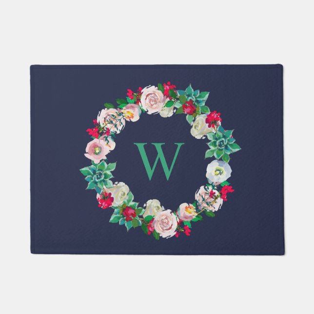 Floral Wreath Monogrammed Navy Blue Doormat (Front)
