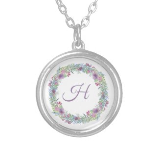 Floral Wreath Monogrammed Personalized Silver Plated Necklace