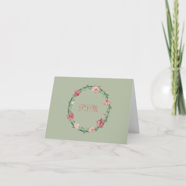 Floral Wreath Monogrammed Personalized Stationery Note Card (Front)