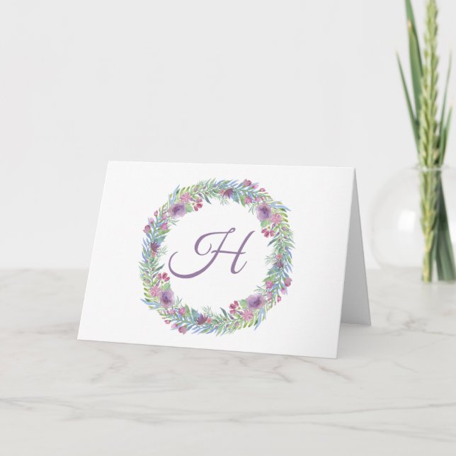Floral Wreath Monogrammed Personalized Thank You Card (Front)