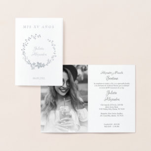 Floral Wreath Name and Photo for Quinceañera Foil Card