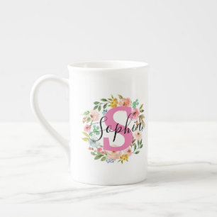 Floral Wreath Name Mug Initial Custom Gift For Her