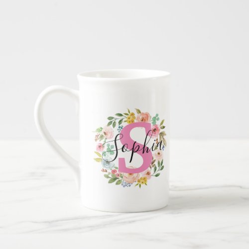 Floral Wreath Name Mug Initial Custom Gift For Her