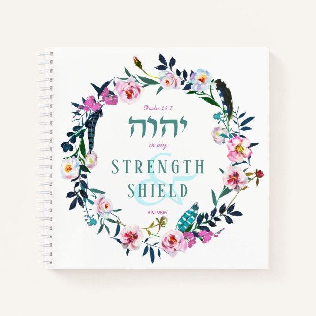 Floral Wreath Named Bible Quote YHVH Green Blue Notebook (Front)