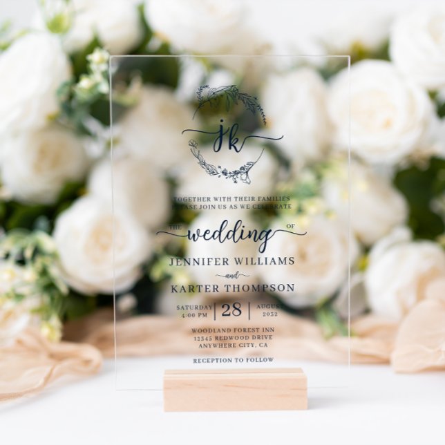 Floral Wreath Navy Blue Monogram Photo Wedding  Acrylic Invitations (Creator Uploaded)