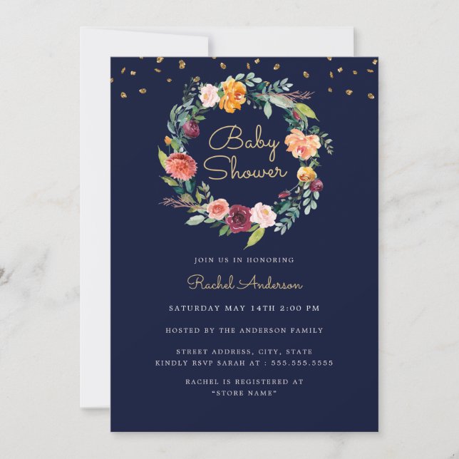 Floral Wreath Navy Gold Baby Shower Invitation (Front)