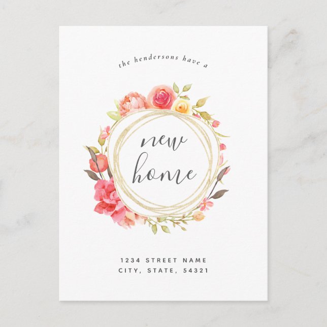 Floral Wreath New Home Moving Announcement Postcard (Front)