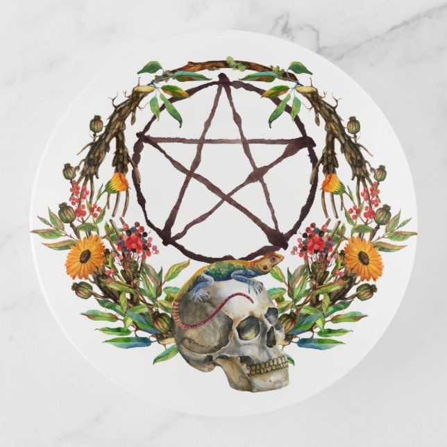 Floral Wreath Pagan Pentacle Trinket Tray (Front)
