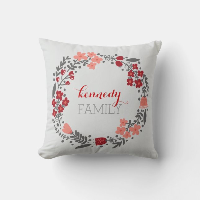 Floral Wreath Personalized Monogram Red Grey Throw Pillow (Front)