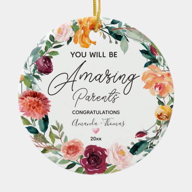 Floral Wreath Personalized New Parents Christmas Ceramic Ornament (Front)