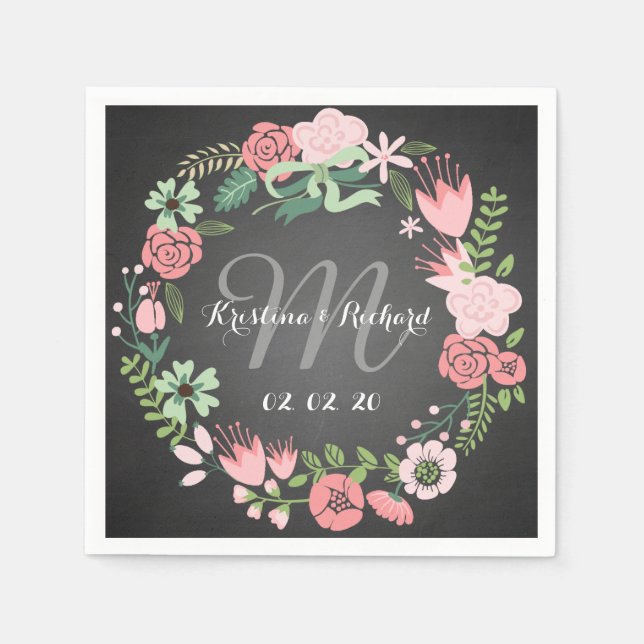 Floral Wreath Personalized Wedding Paper Napkins (Front)