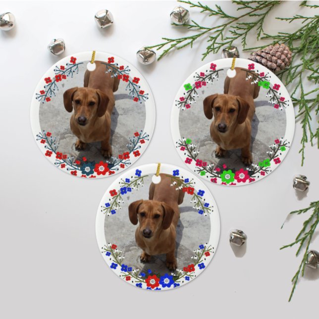 Floral Wreath Pet Photo 2021 Christmas Ceramic Ornament (Creator Uploaded)