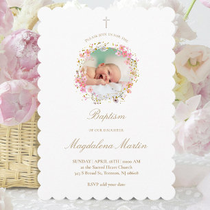 floral wreath photo Baptism Invitation
