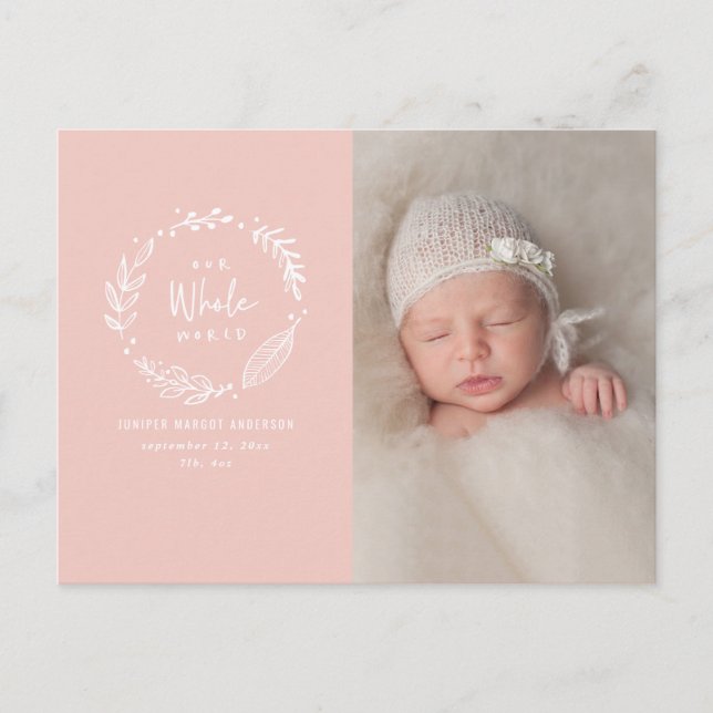 Floral wreath photo birth announcement postcard (Front)