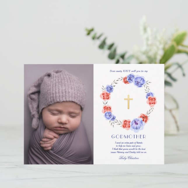 Floral Wreath Photo Godmother Proposal Card (Standing Front)