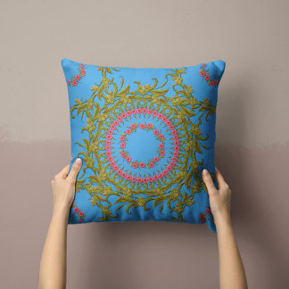 Floral Wreath Pillow in Sky Blue